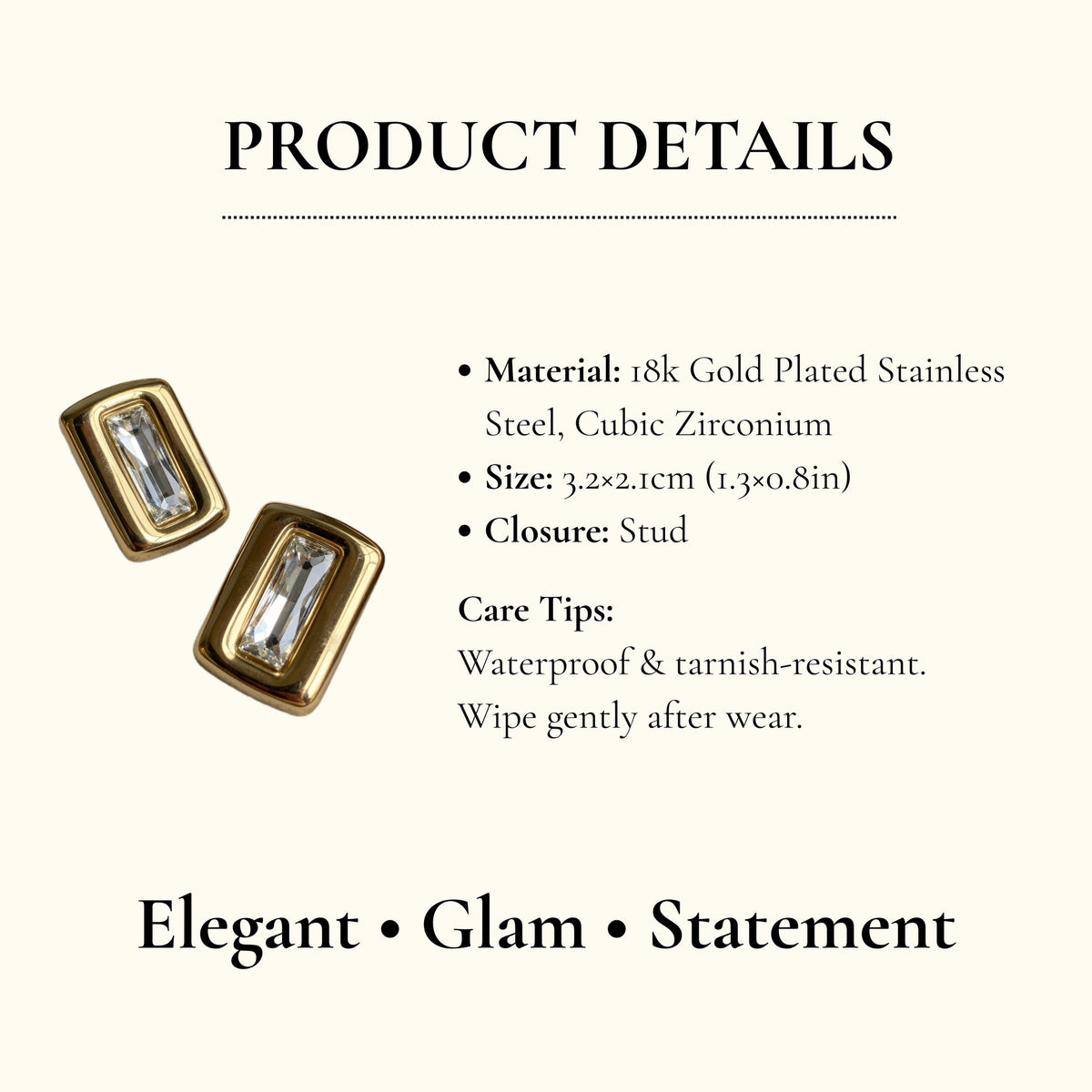 AureaJewelry - Baguette Crystal Stud Earrings