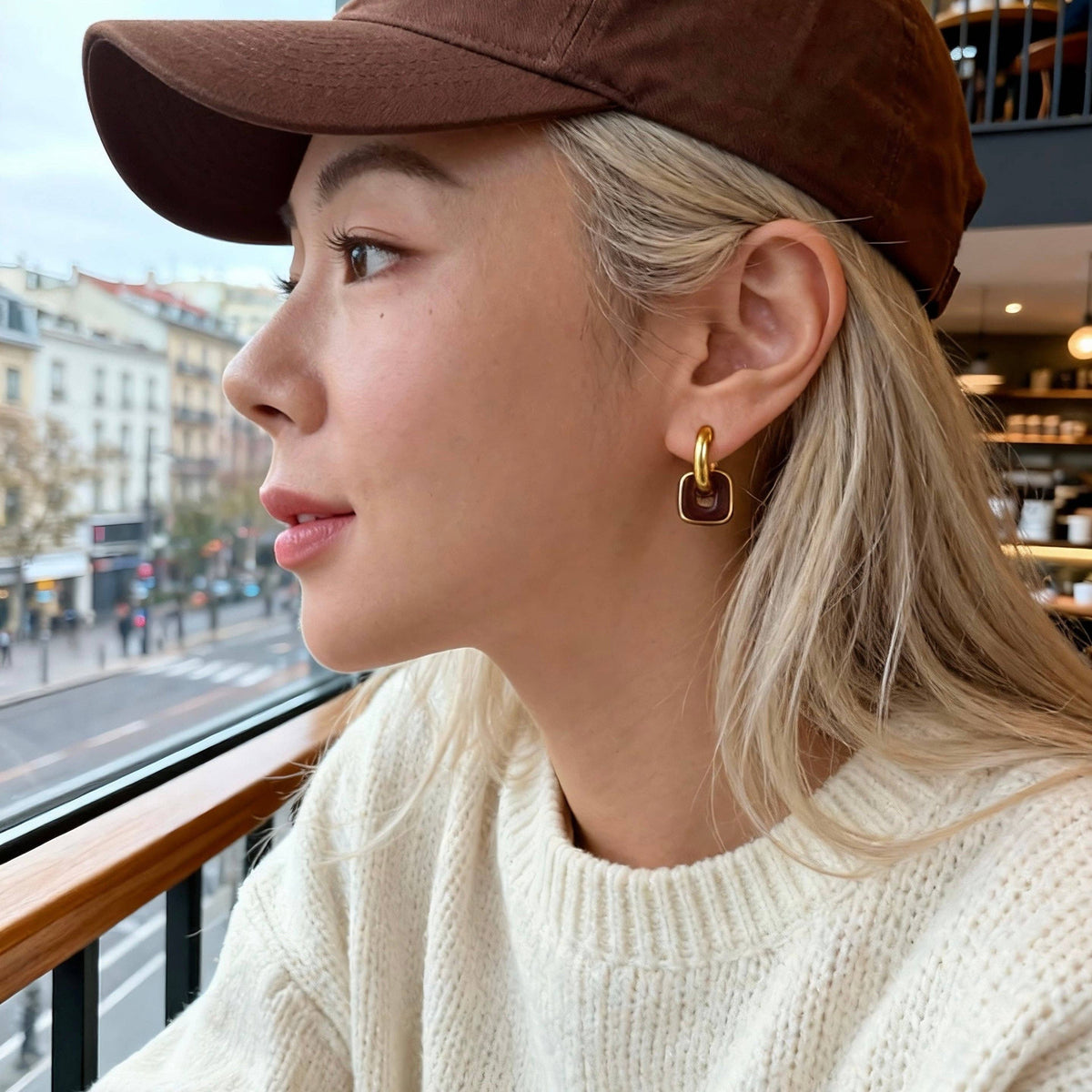 AureaJewelry -  Gold & Red Brown Linked Hoop Earrings