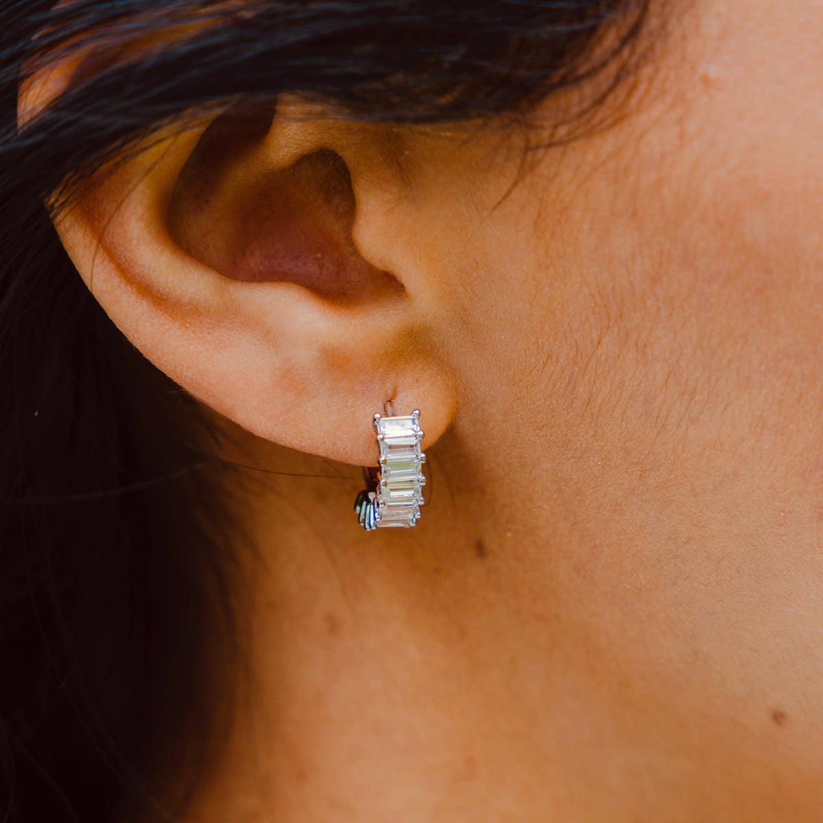 Namaste Jewelry - Liya Rectangle Stones Silver Huggies