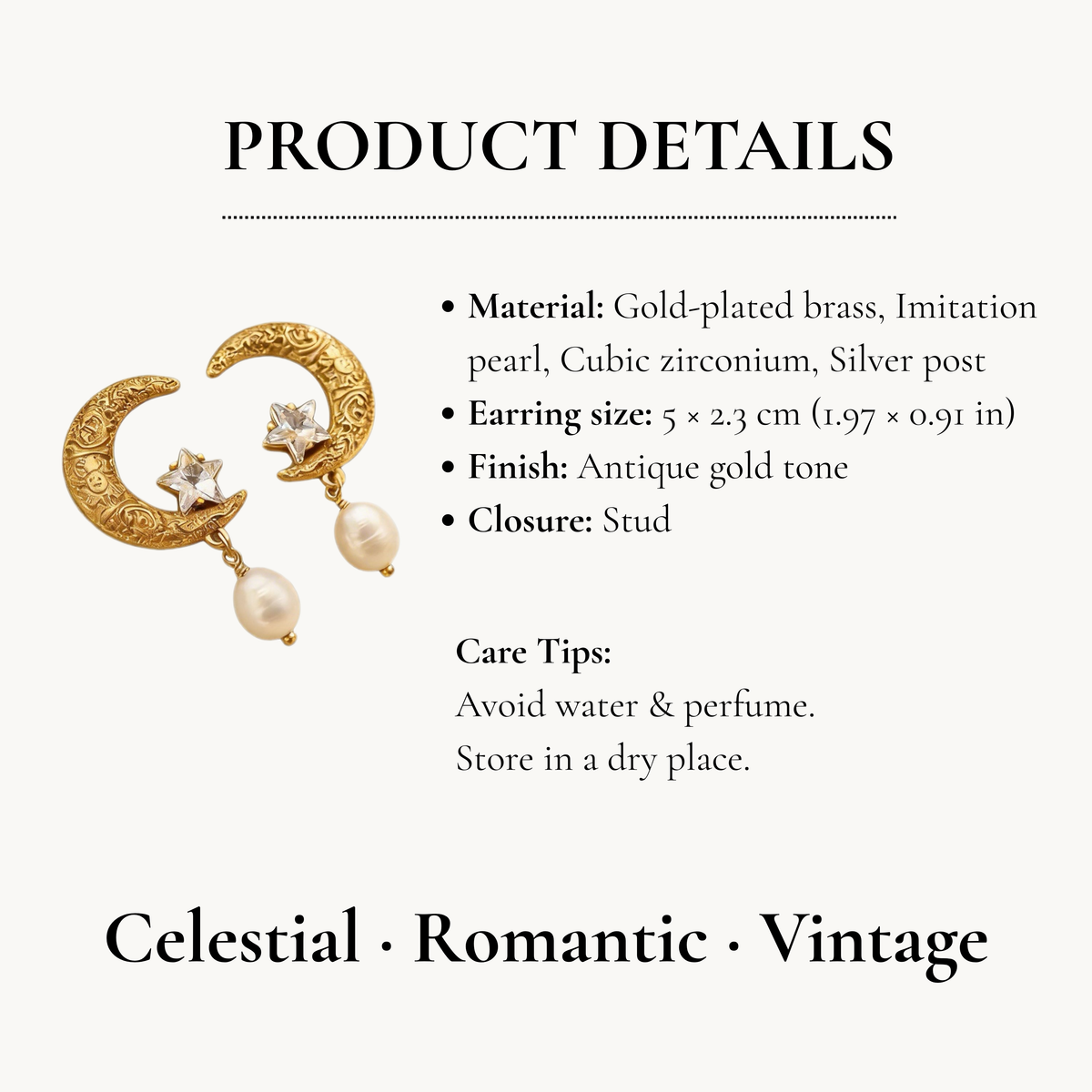 AureaJewelry - Vintage Moon Star Pearl Drop Earrings